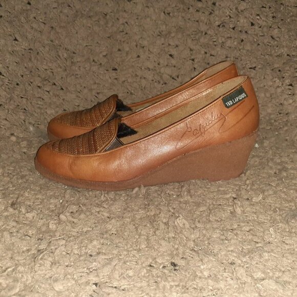 Vintage TED LAPIDUS-Brown Leather-Woven Patterned Wedges-Sz 7-Excellent - Picture 2 of 7